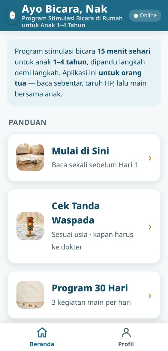 Tangkapan layar aplikasi Ayo Bicara, Nak