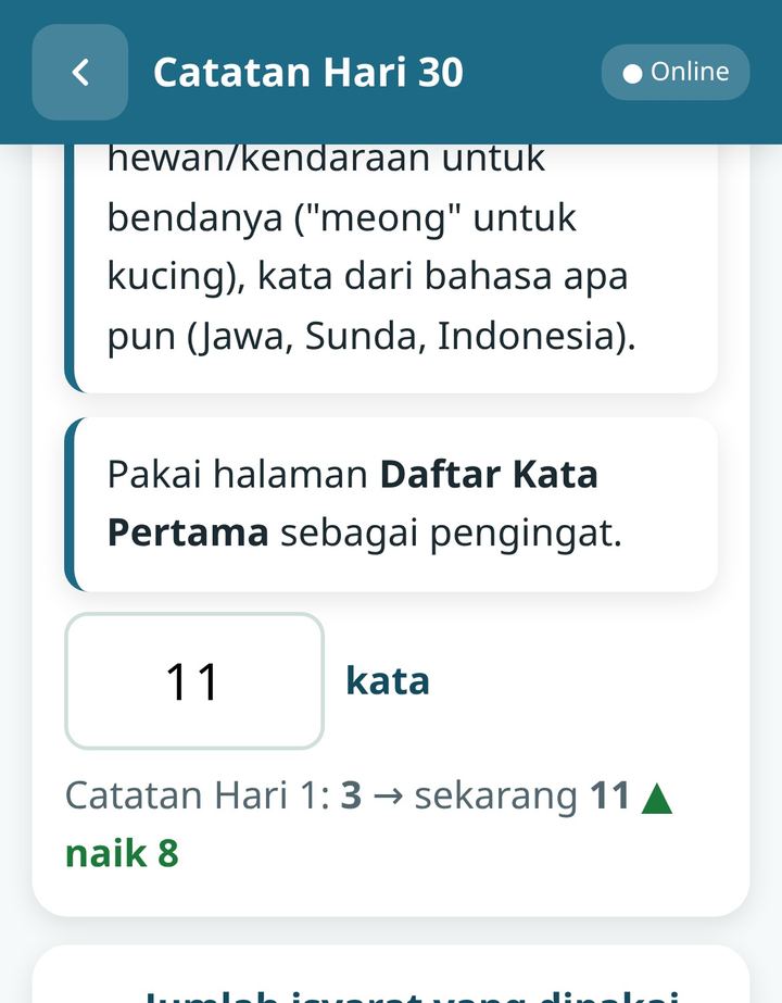 Catatan kemajuan Hari 1 vs Hari 30